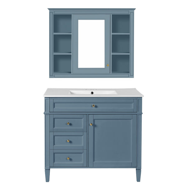 English Elm 36'' Modern Bathroom Vanity Indigo Blue with Mirror Cabinet and Ceramic Sink SW000134AAM-1