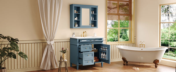 English Elm 36'' Modern Bathroom Vanity Indigo Blue with Mirror Cabinet and Ceramic Sink SW000134AAM-1