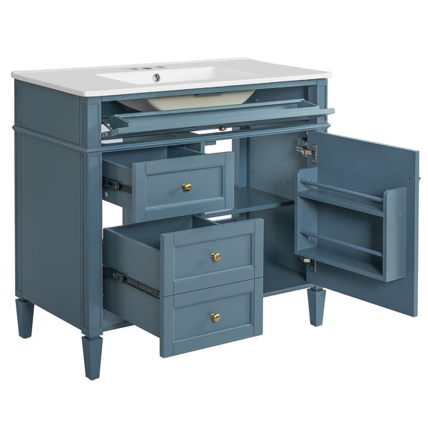 English Elm 36'' Modern Bathroom Vanity Indigo Blue with Mirror Cabinet and Ceramic Sink SW000134AAM-1
