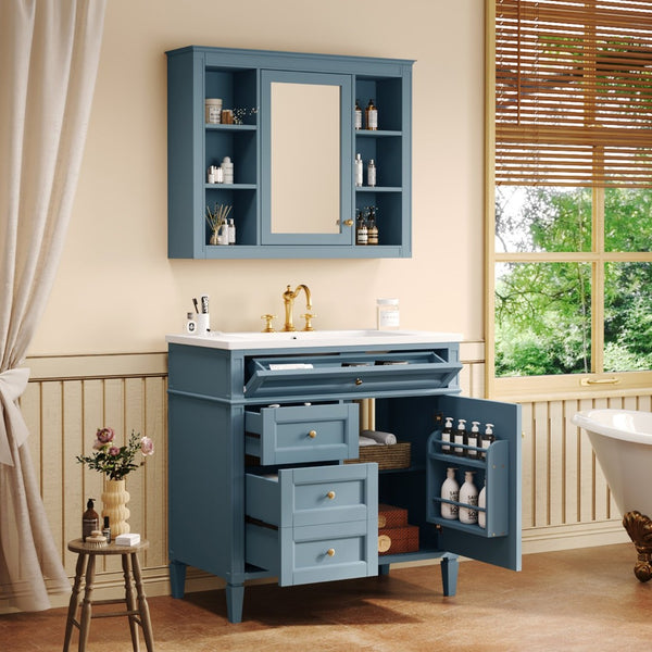 English Elm 36'' Modern Bathroom Vanity Indigo Blue with Mirror Cabinet and Ceramic Sink SW000134AAM-1