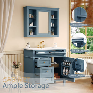 English Elm 36'' Modern Bathroom Vanity Indigo Blue with Mirror Cabinet and Ceramic Sink SW000134AAM-1