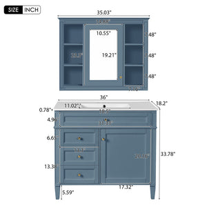 English Elm 36'' Modern Bathroom Vanity Indigo Blue with Mirror Cabinet and Ceramic Sink SW000134AAM-1