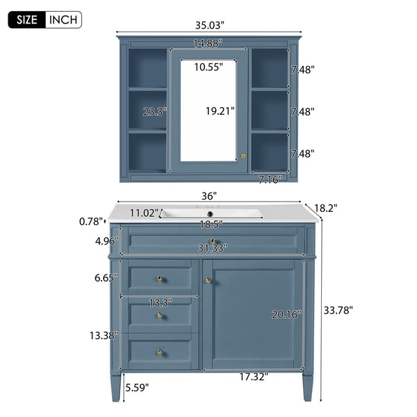 English Elm 36'' Modern Bathroom Vanity Indigo Blue with Mirror Cabinet and Ceramic Sink SW000134AAM-1