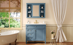 English Elm 36'' Modern Bathroom Vanity Indigo Blue with Mirror Cabinet and Ceramic Sink SW000134AAM-1