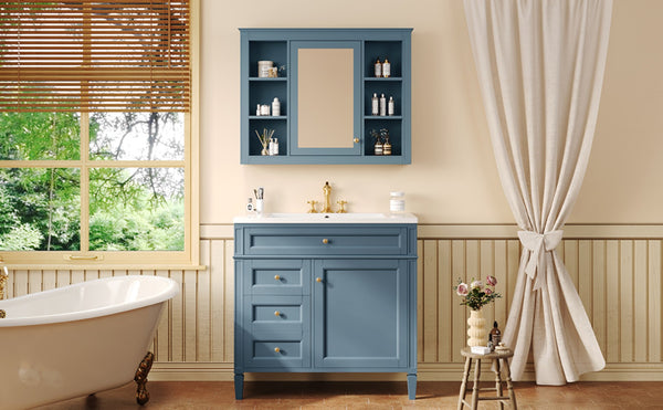 English Elm 36'' Modern Bathroom Vanity Indigo Blue with Mirror Cabinet and Ceramic Sink SW000134AAM-1