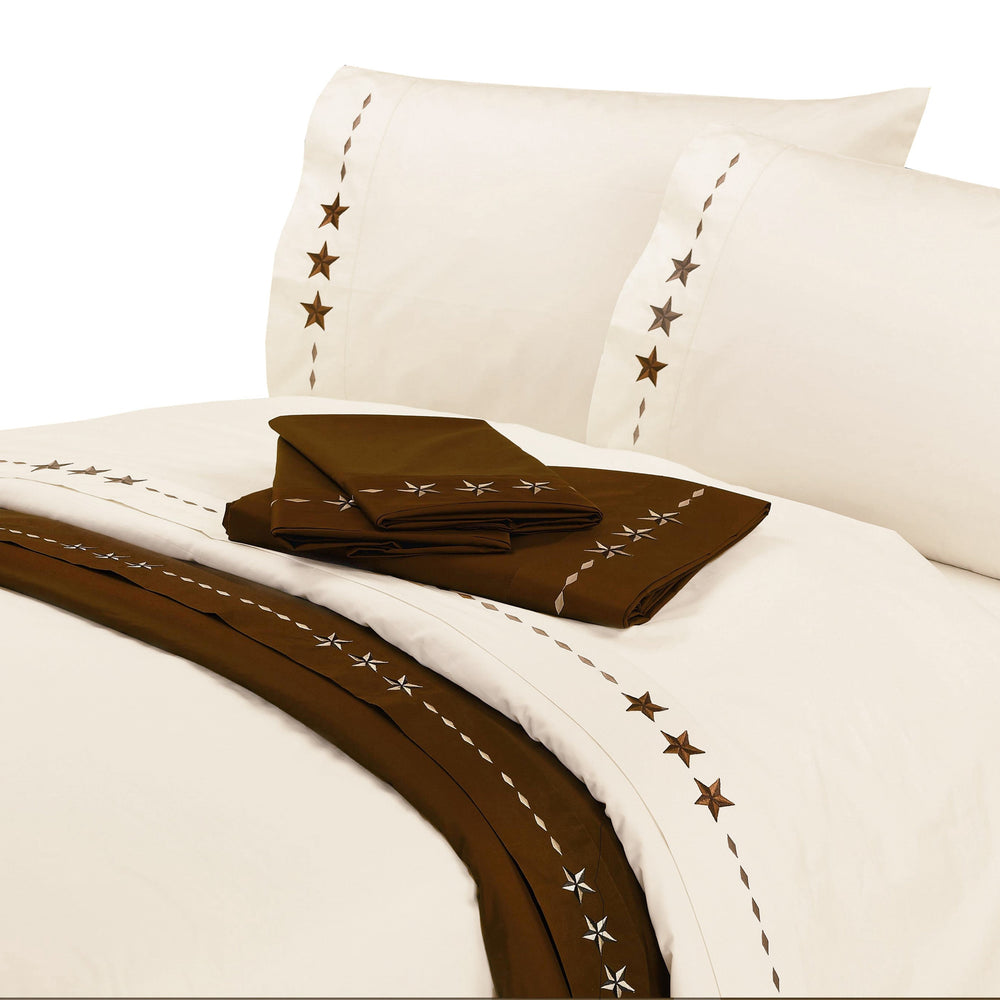 Hiend Accents 350tc Embroidered Star Sheet Set - Luxurious 4-piece Bedding For A Cozy Western Retreat Experience Brown 100% Cotton Sw3505-kg-ch