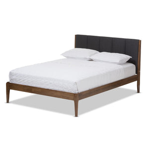 Baxton Studio Baxton Studio Ember Queen Platform Bed - Mid-Century Modern Dark Grey Fabric & Walnut Finish Design SW8063-Grey/Walnut-M7-Queen