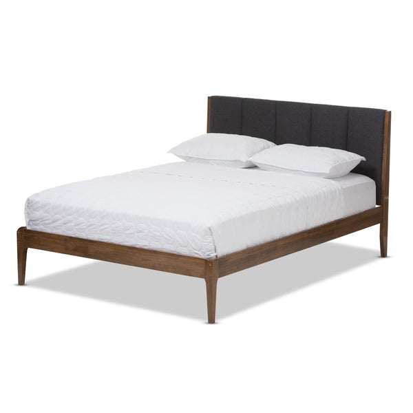 Baxton Studio Baxton Studio Ember Queen Platform Bed - Mid-Century Modern Dark Grey Fabric & Walnut Finish Design SW8063-Grey/Walnut-M7-Queen