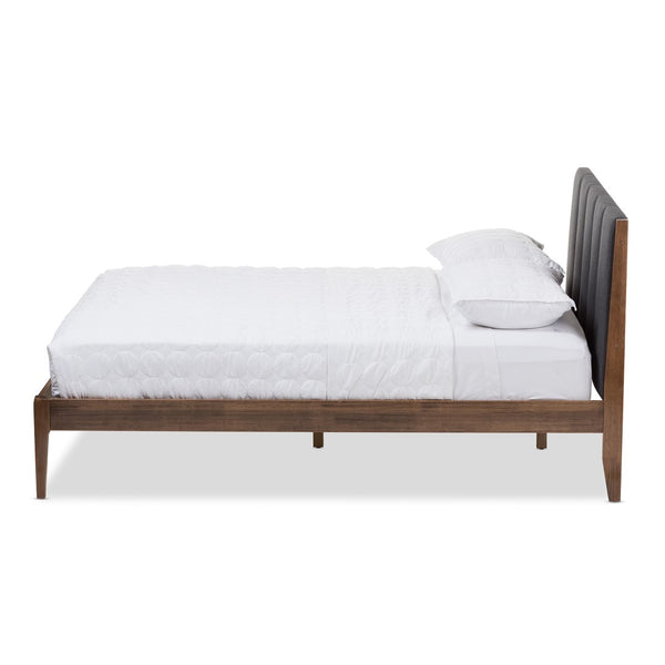 Baxton Studio Baxton Studio Ember Queen Platform Bed - Mid-Century Modern Dark Grey Fabric & Walnut Finish Design SW8063-Grey/Walnut-M7-Queen