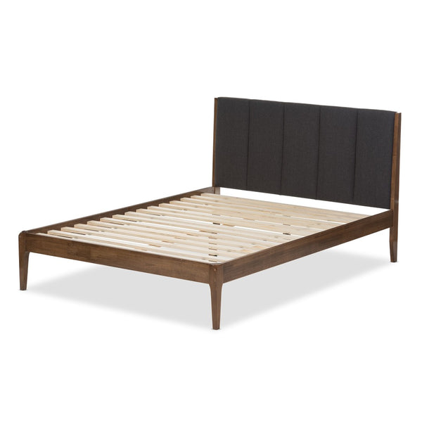 Baxton Studio Baxton Studio Ember Queen Platform Bed - Mid-Century Modern Dark Grey Fabric & Walnut Finish Design SW8063-Grey/Walnut-M7-Queen