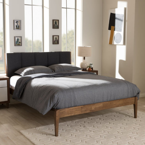 Baxton Studio Baxton Studio Ember Queen Platform Bed - Mid-Century Modern Dark Grey Fabric & Walnut Finish Design SW8063-Grey/Walnut-M7-Queen