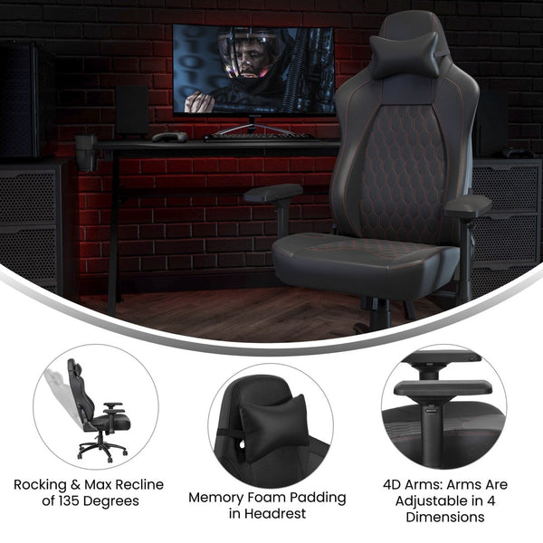 English Elm Falco Ergonomic High Back Gaming Chair with 4D Armrests, Adjustable Lumbar Support & Headrest Pillow SY-088-RD-GG
