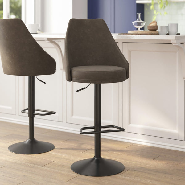 English Elm Chrishelle Set of 2 Adjustable Height Barstools with Brown LeatherSoft Upholstered Seats for Comfort SY-802-BR-GG