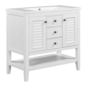 Hearth and Haven Lily 36" Bathroom Vanity with Ceramic Basin, Two Cabinets and Drawers, Open Shelf, White