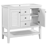 Hearth and Haven Lily 36" Bathroom Vanity with Ceramic Basin, Two Cabinets and Drawers, Open Shelf, White