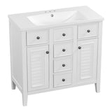 Hearth and Haven Gabriel 36" Bathroom Vanity with Ceramic Basin, Two Cabinets and Five Drawers, White