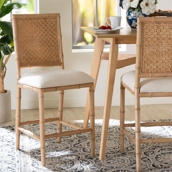 Bali & Pari Sandy Acacia Wood Rattan Counter Stool for Bohemian Kitchen Island