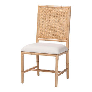 Baxton Studio Bali & Pari Sandy Acacia Wood Rattan Back Dining Chair Boho Coastal Upholstered Seat Sandy-Natural Wooden-DC