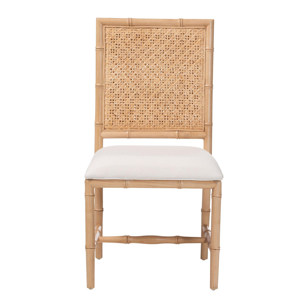 Baxton Studio Bali & Pari Sandy Acacia Wood Rattan Back Dining Chair Boho Coastal Upholstered Seat Sandy-Natural Wooden-DC