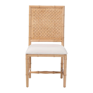 Bali & Pari Sandy Acacia Wood Rattan Back Dining Chair Boho Coastal Upholstered Seat