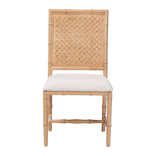 Bali & Pari Sandy Acacia Wood Rattan Back Dining Chair Boho Coastal Upholstered Seat