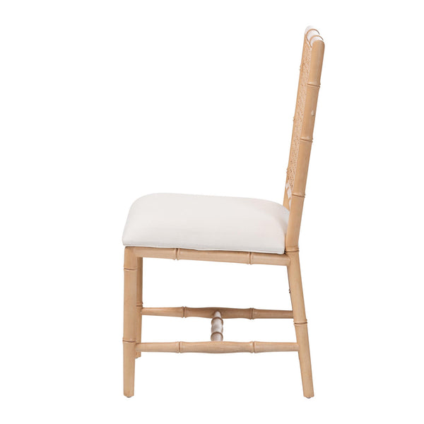 Bali & Pari Sandy Acacia Wood Rattan Back Dining Chair Boho Coastal Upholstered Seat