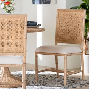Bali & Pari Sandy Acacia Wood Rattan Back Dining Chair Boho Coastal Upholstered Seat