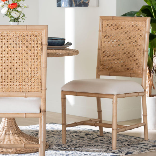 Bali & Pari Sandy Acacia Wood Rattan Back Dining Chair Boho Coastal Upholstered Seat