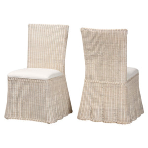 Baxton Studio Bali & Pari Sara Handwoven Rattan Dining Chairs Set of 2 with Scalloped Base Coastal Boho Sara-White Wash Rattan-Cushion-DC