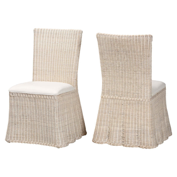 Baxton Studio Bali & Pari Sara Handwoven Rattan Dining Chairs Set of 2 with Scalloped Base Coastal Boho Sara-White Wash Rattan-Cushion-DC