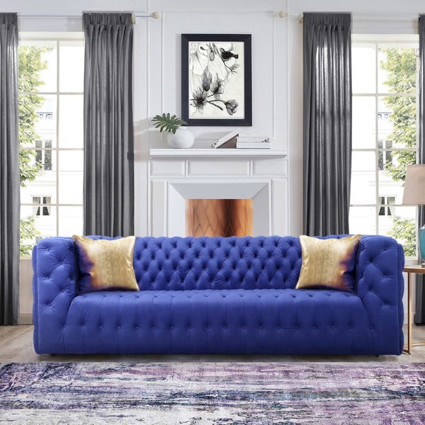 Pasargad Home Vicenza Collection Velvet Tufted Sofa - Bold Comfort With Timeless Transitional Style Blue Velvet Sofa-310-3n