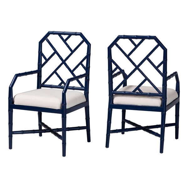Baxton Studio Bali & Pari Sergio Mahogany Chippendale Dining Chair Set with Carved Bamboo Upholstered Seat Navy Blue/White Sergio-Navy Wooden-Arm-DC