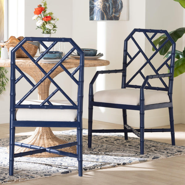Bali & Pari Sergio Mahogany Chippendale Dining Chair Set with Carved Bamboo Upholstered Seat