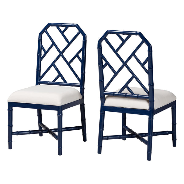 Baxton Studio Bali & Pari Sergio Solid Mahogany Artisan Carved Bohemian Dining Chairs for Room Set of 2 Navy Blue/White Sergio-Navy Wooden-DC