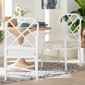Bali & Pari Sergio Mahogany Chippendale Dining Chair Set with Carved Bamboo Upholstered Seat
