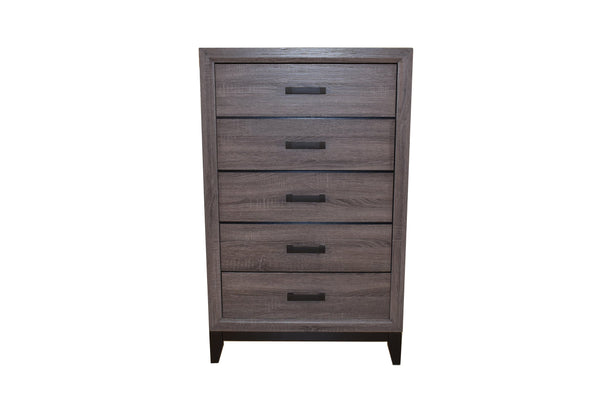 English Elm Contemporary Five-Drawer Chest in Rustic Gray Finish with Dovetail Drawers, Chippendale Legs & Metal Glides 808857594679