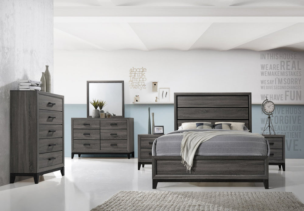 English Elm King Sierra King Bed in Contemporary Rustic Gray Finish with Paneled Frame, Subtle Black Accents for Elegant Casual Style 808857584342