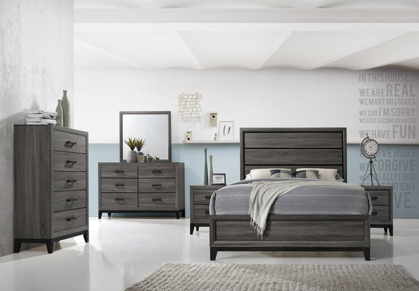 English Elm King Sierra King Bed in Contemporary Rustic Gray Finish with Paneled Frame, Subtle Black Accents for Elegant Casual Style 808857584342