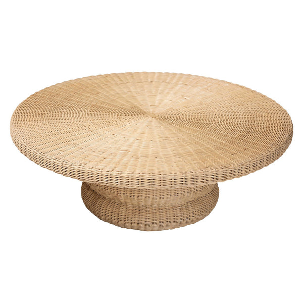 Bali & Pari Silvia Handwoven Rattan Round Coffee Table with Sculptural Pedestal Base
