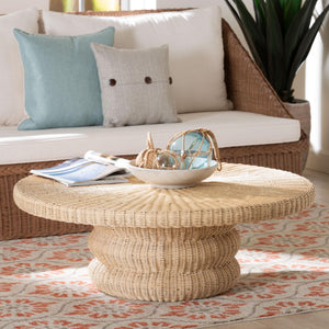 Bali & Pari Silvia Handwoven Rattan Round Coffee Table with Sculptural Pedestal Base