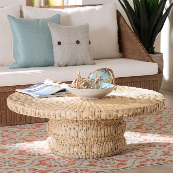 Bali & Pari Silvia Handwoven Rattan Round Coffee Table with Sculptural Pedestal Base