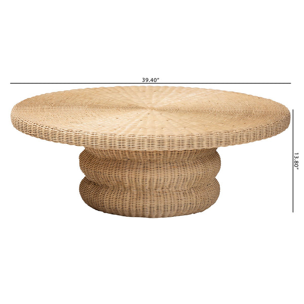 Bali & Pari Silvia Handwoven Rattan Round Coffee Table with Sculptural Pedestal Base