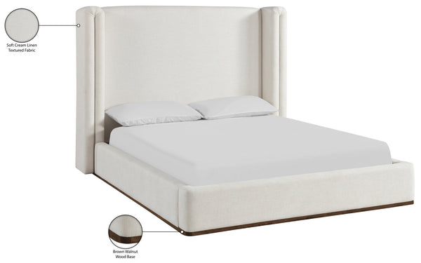 Meridian Furniture Solange Winged Linen Upholstered Full Bed with Walnut Base for Modern Bedrooms SolangeCream-F
