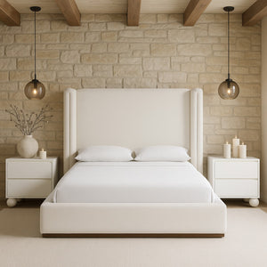 Meridian Furniture Solange Winged Linen Upholstered Full Bed with Walnut Base for Modern Bedrooms SolangeCream-F