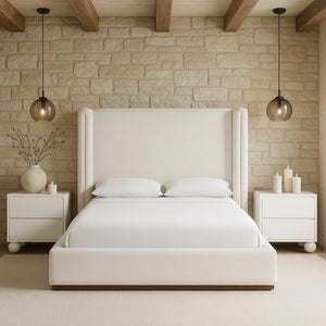 Meridian Furniture Solange Winged Linen Upholstered Queen Bed with Walnut Base for Modern Bedrooms SolangeCream-Q