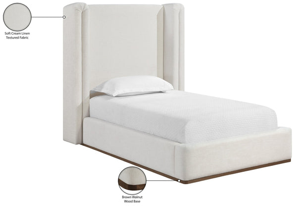 Meridian Furniture Solange Winged Linen Upholstered Twin Bed with Walnut Base for Modern Bedrooms SolangeCream-T
