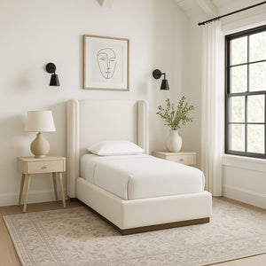 Meridian Furniture Solange Winged Linen Upholstered Twin Bed with Walnut Base for Modern Bedrooms SolangeCream-T