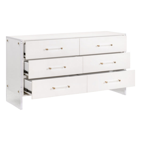 Essentials for Living Sonia Shagreen 6-Drawer Double Dresser Pearl Shagreen, Lucite, Brushed Brass