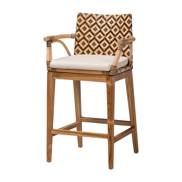 Baxton Studio Bali & Pari Storsel Handcrafted Rattan Teak Armrest Counter Stool with Cushion Storsel Two-Toned-Cushion-CS