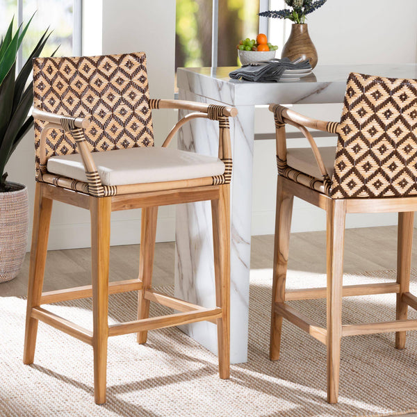 Bali & Pari Storsel Handcrafted Rattan Teak Armrest Counter Stool with Cushion